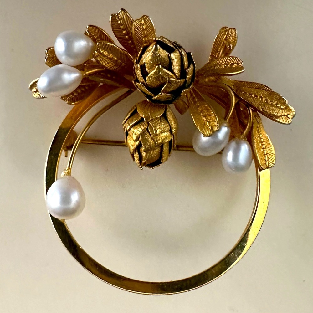IPS Imperial Pearl Syndicate Gold 12K GF Flower Leaf PineCone Brooch Pin Signed